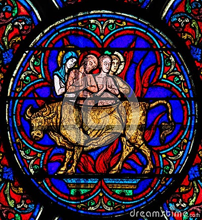 Stained Glass - The Adoration of the Golden Calf Stock Photo