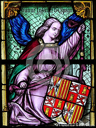 Stained Glass, Angel holding a Coat of Arms Stock Photo