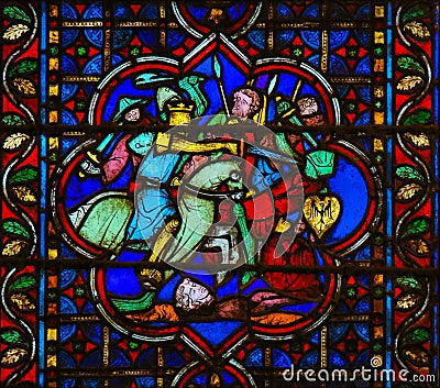 Stained Glass in Notre Dame, Paris of a Medieval Battle Stock Photo