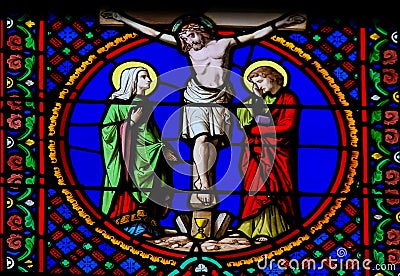 Stained Glass in Notre-Dame-des-flots, Le Havre - Crucifixion of Jesus Cartoon Illustration