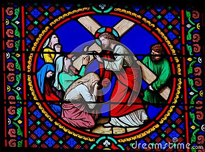 Stained Glass in Notre-Dame-des-flots, Le Havre - Jesus Carrying the Cross Cartoon Illustration