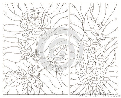 Stained glass contour kit abstract flowers of rose and gladiolus, dark outline on a white background Vector Illustration