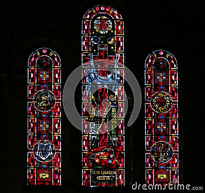 Stained Glass of the Cross and the Symbols of the Passion of Christ Cartoon Illustration