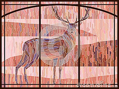 Stained glass deer. Decorative mosaic in the frame Vector Illustration