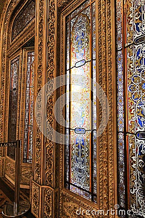 Stained glass door of the arab room of the Stock Exchange Palace Editorial Stock Photo