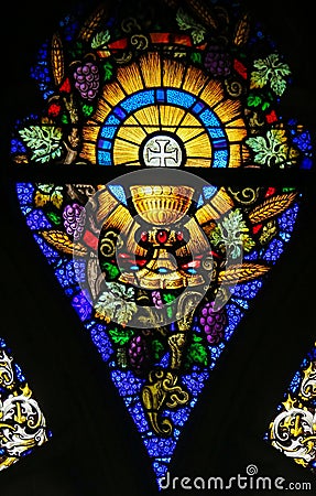 Stained Glass - Eucharist and Holy Grail Stock Photo