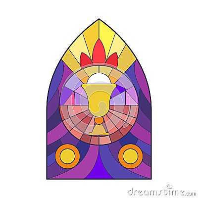 Stained glass gothic arch church window, golden bowl inside round frame pattern Cartoon Illustration