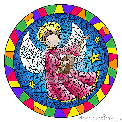 Stained glass illustration with an abstract angel in pink robe play the lute , round picture in a bright frame Vector Illustration