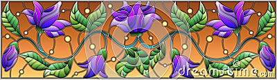 Stained glass illustration with abstract blue flowers on a brown background Vector Illustration