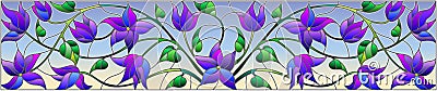 Stained glass illustration with abstract blue flowers on a sky background,horizontal orientation Vector Illustration