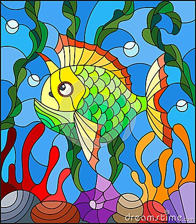 Stained glass illustration with abstract colorful exotic fish amid seaweed, coral and shells Vector Illustration