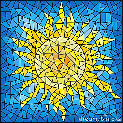 Stained glass illustration abstract cracked sun against the blue sky Vector Illustration