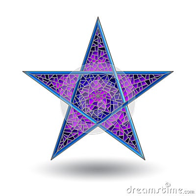 Stained glass illustration with abstract five-pointed blue stained-glass star, on white background Vector Illustration