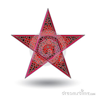 Stained glass illustration with abstract five-pointed red star, isolated on white background Vector Illustration