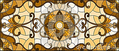 Stained glass illustration with abstract flowers, swirls and leaves on a light background,horizontal orientation, sepia Vector Illustration