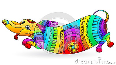 Stained glass illustration with abstract fun rainbow dog Dachshund, dog isolated on a white background Vector Illustration