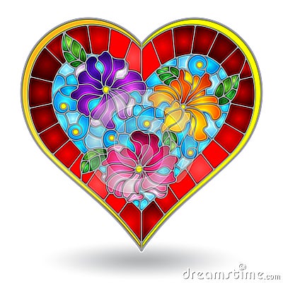 Stained glass illustration with abstract heart, bright heart with flowers on white background Vector Illustration