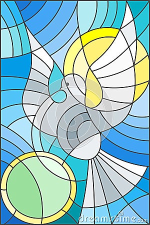 Stained glass illustration with abstract pigeon and the sun in the sky Vector Illustration