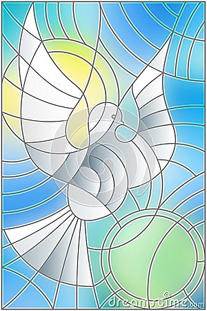 Stained glass illustration with abstract pigeon and the sun in the sky Vector Illustration