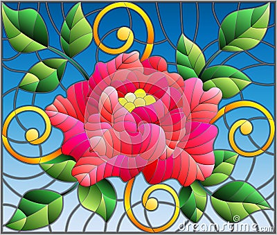 Stained glass illustration with abstract pink flower, buds and leaves of rose on a blue background Vector Illustration