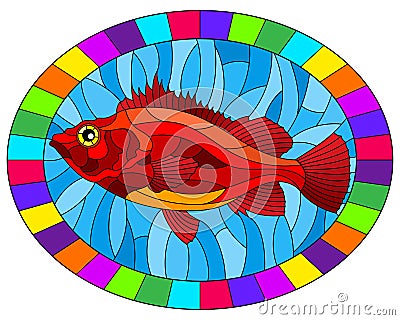 Stained glass illustration with abstract red sea bass on blue background, oval image in bright frame Vector Illustration