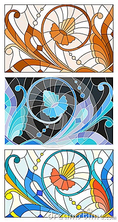 Stained glass illustration with abstract set swirls and flowers , horizontal orientation Vector Illustration