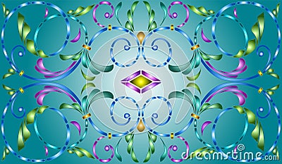 Stained glass illustration with abstract swirls,flowers and leaves on a cyan background,horizontal orientation Vector Illustration