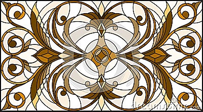 Stained glass illustration with abstract swirls and leaves on a light background,horizontal orientation, sepia Vector Illustration