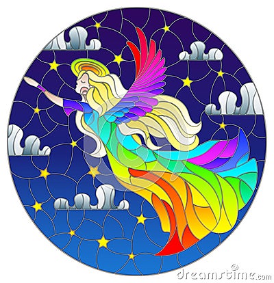 Stained glass illustration with an angel girl in a rainbow dress on the background of a starry night sky Vector Illustration