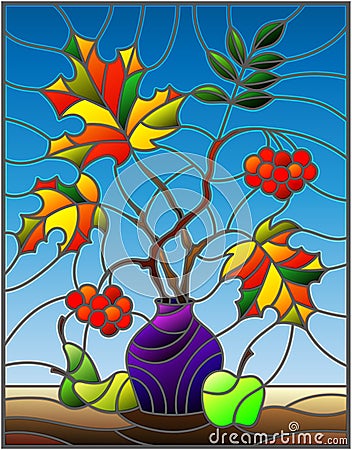 Stained glass illustration with autumn still life, branches of mountain ash and maple in purple vase and fruit on a blue backgrou Vector Illustration