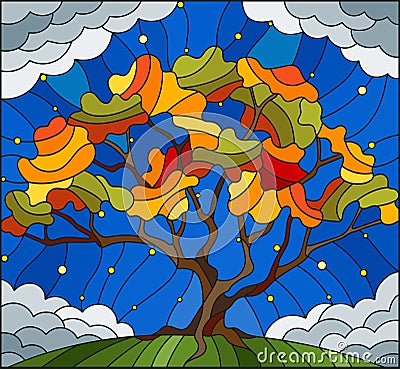 Stained glass illustration with autumn tree on sky background with the stars Vector Illustration