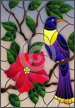 Stained glass illustration with a beautiful blue bird sitting on a branch of a blossoming tree on a background of leaves and sky Vector Illustration