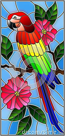 Stained glass illustration with a beautiful parakeet sitting on a branch of a blossoming tree on a background of leaves and sky Vector Illustration