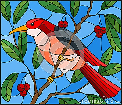 Stained glass illustration with a beautiful red bird on a background of branch of tree and sky Vector Illustration