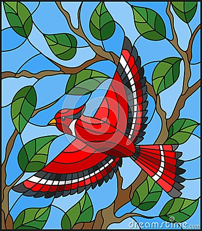 Stained glass illustration with a beautiful red bird on a background of branch of tree and sky Vector Illustration