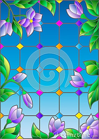 Stained glass illustration with blue flowers, imitation stained glass Windows Vector Illustration