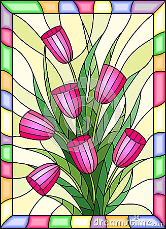 Stained glass illustration with a bouquet of pink tulips on a yellow background with bright frame Vector Illustration