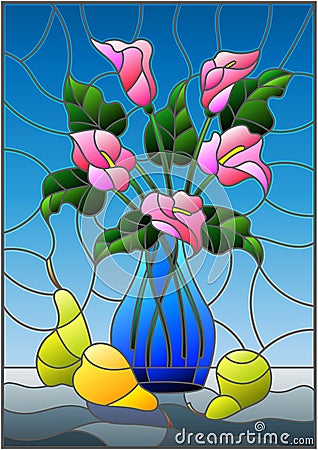 Stained glass illustration with bouquets of pink Calla lilies flowers in a blue vase Vector Illustration