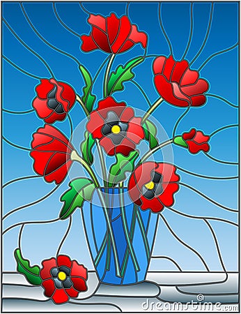 Stained glass illustration with bouquets of red poppies flowers in a blue vase on table on a blue background Vector Illustration