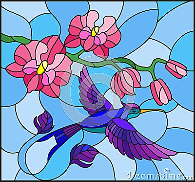 Stained glass illustration with a branch of pink Orchid and bright bird Hummingbird on a blue background Vector Illustration
