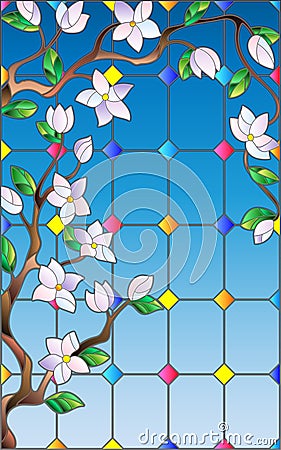 Stained glass illustration with branch of Sakura , imitation stained glass Windows Vector Illustration