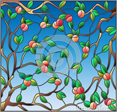Stained glass illustration with the branches of Apple trees , the fruit branches and leaves against the sky Vector Illustration