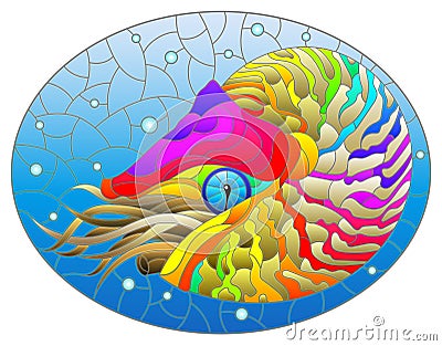 Stained glass illustration with a bright abstract nautilus on a background of water and air bubbles, oval image Vector Illustration