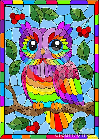 Illustration in the style of stained glass with bright cartoon owls against a blue sky and berryes, in a bright frame Vector Illustration