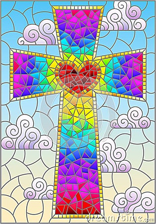 Stained glass illustration with a bright Christian cross on a background of sky and clouds, rectangular image Vector Illustration