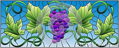 Stained glass illustration with a bunch of red grapes and leaves on sky background,horizontal orientation Vector Illustration