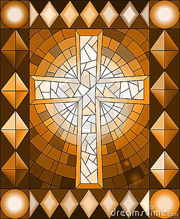 Stained glass illustration with a Christian cross,frame, brown tone, Sepia Vector Illustration