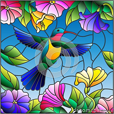 Stained glass illustration with colorful Hummingbird on background of the sky ,greenery and flowers Vector Illustration