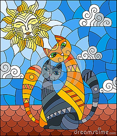 Stained glass illustration with A couple of cats sitting on the roof against the cloudy sky and the sun Vector Illustration