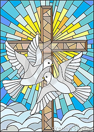 Stained glass illustration with a cross and a pair of white doves in the stained glass style Vector Illustration